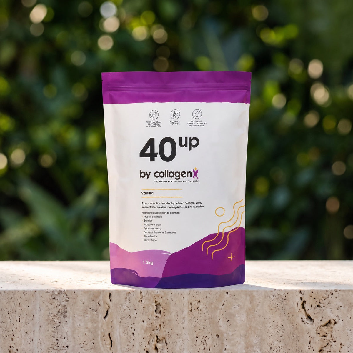 A stand-up pouch of 40 up by collagen vanilla-flavored supplement powder, standing on a stone ledge with a blurred green outdoor background.