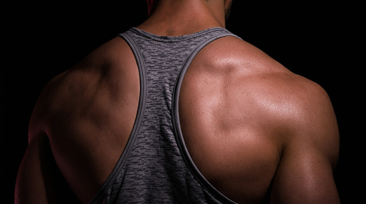 Close-up of a muscular man’s back and shoulders in a gym singlet.